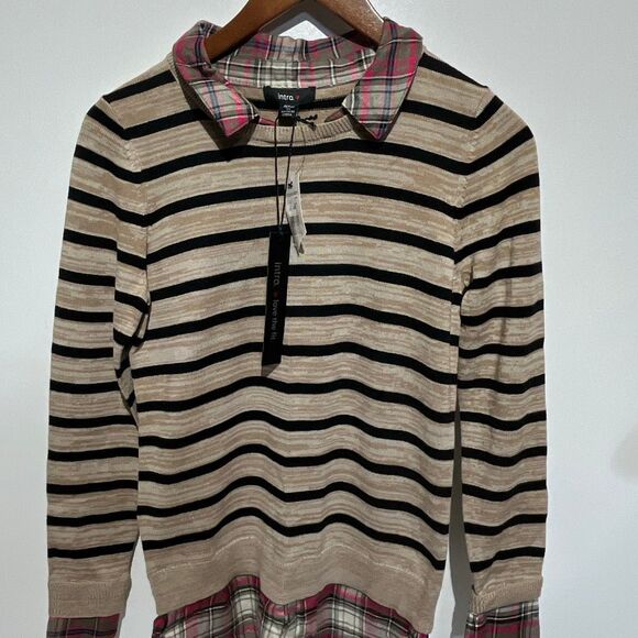 Intro Womens Multicolor Stripe Plaid Collared Layered Pullover Sweater Small NWT - Picture 3 of 7